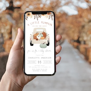 Editable Pumpkin Truck Baby Shower Text Invitation Template | A Little Pumpkin is on the Way Boy Fall Baby Shower E-invite S322
