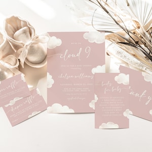 Cloud 9 meisje babyshowerbundel bewerkbare sjablonen | Afdrukbaar pakket We're on Cloud Nine-babyshower | Pink Cloud 9-set S524