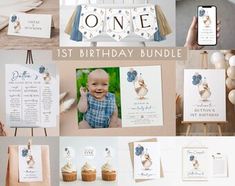 One Lucky Duck Boy Birthday Bundle | Editable Duck 1st Birthday Party Invitation & Decorations Template Package for Boy S569