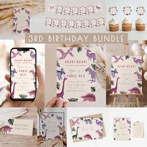 Dinosaurier 3. Geburtstag Vorlage | Bearbeitbare Mädchen THREE REX Geburtstagsfeier einladen und Dekor Paket | Pink Party wie Dinosaurier Set S579
