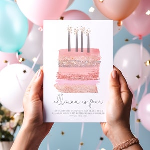 Girl 4th Birthday Invitation Template | Editable Pink Birthday Cake with Four Candles Invite | Fourth Birthday Party S399