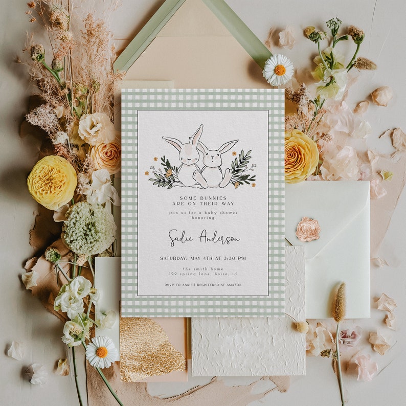 editable twin bunny baby shower invitation - some bunnies are on their way