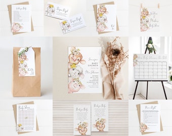 Paquete de plantillas editables para baby shower con temática de granja / Invitación, juegos y decoración para baby shower con temática de granja (S152)