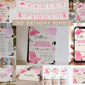 Cowgirl 3rd Rodeo Birthday Bundle Editable Template Set | Disco Cowgirl Western Third Rodeo Birthday Decoration Package S536