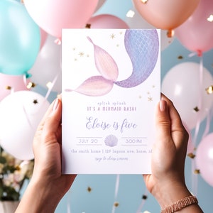 Editable Mermaid Birthday Invitation Template | Under the Sea Purple Mermaid Invite Girl 5th Bday Pool Party S250