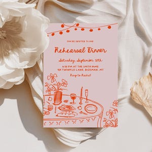 Rehearsal Dinner Party Invitation Template | Editable Hand Drawn Pink Wedding Rehearsal Dinner Invite S697