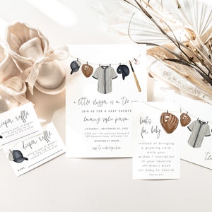 Modèles modifiables de lot de baby shower de baseball | Ensemble d'invitations baby shower Boy Little Slugger S244
