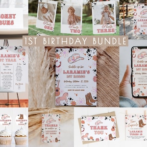 Girl 1st Rodeo Birthday Bundle Editable Invitation Template Set | Cowgirl Western First Rodeo Birthday Decor Package  S281