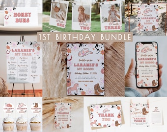 Girl 1st Rodeo Birthday Bundle Editable Invitation Template Set | Cowgirl Western First Rodeo Birthday Decor Package  S281