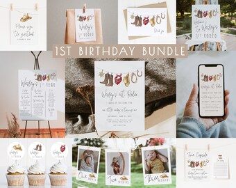 1st Rodeo Birthday Bundle Editable Template Set | Red Cowboy Western First Rodeo Birthday Decor Package Cowgirl Invitation S245
