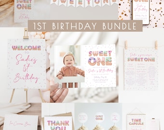 Sweet ONE 1st Birthday Template Bundle | Editable Ice Cream Girl First Bday Party Package | Here's the Scoop S612