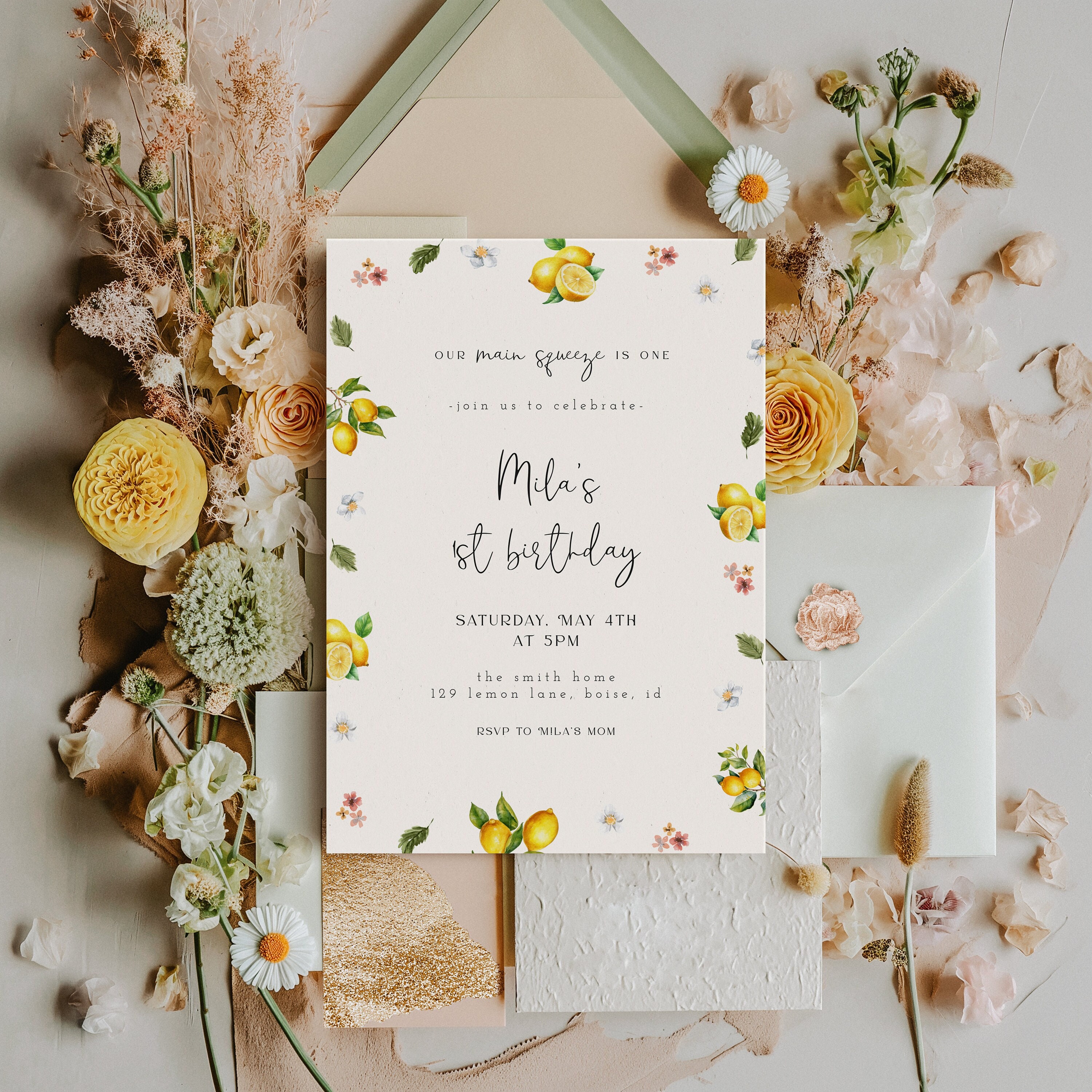 Lemon 1st Birthday Invitation Template | Editable Main Squeeze Birthday Party Invite Template | Girl First Birthday S620