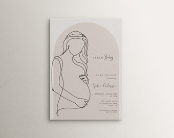 Editable Belly Baby Shower Invitation Template | Elegant Pregnant Silhouette Beige Invite | Gender Neutral Pregnancy Outline Art S638