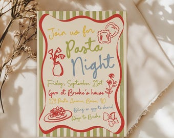 Pasta Dinner Party Invitation Template - Editable Hand Drawn Italian Theme Pasta Night Invite - Tomato Birthday Party Download S929