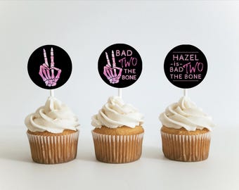 Lovarywow Bad Two The Bone Birthday Decorations - 25PCS Pink Skull Cake & Cupcake Toppers For Girls 2nd Birthday