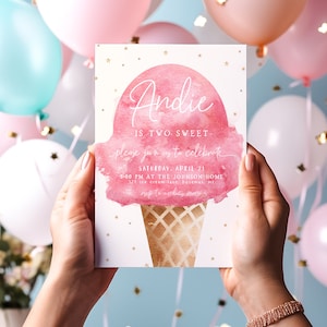 TWO Sweet Girl 2nd Birthday Invitation Template | Editable Pink Ice Cream 2 Sweet Second Bday Party Invite S461