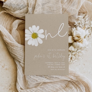 Invito per il primo compleanno di Daisy / ONE Daisy Girl 1° compleanno modello modificabile stampabile invito marrone bianco Kraft floreale S269