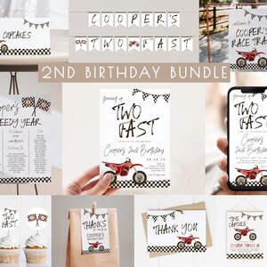 Red Dirt Bike TWO Fast Birthday Bundle Editable Template Package | Racing 2nd Birthday | Boy 2 Fast Second Birthday Decor Set S493