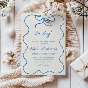 Modello di invito per baby shower Oh Boy / Invito per baby shower con fiocco blu disegnato a mano modificabile S758