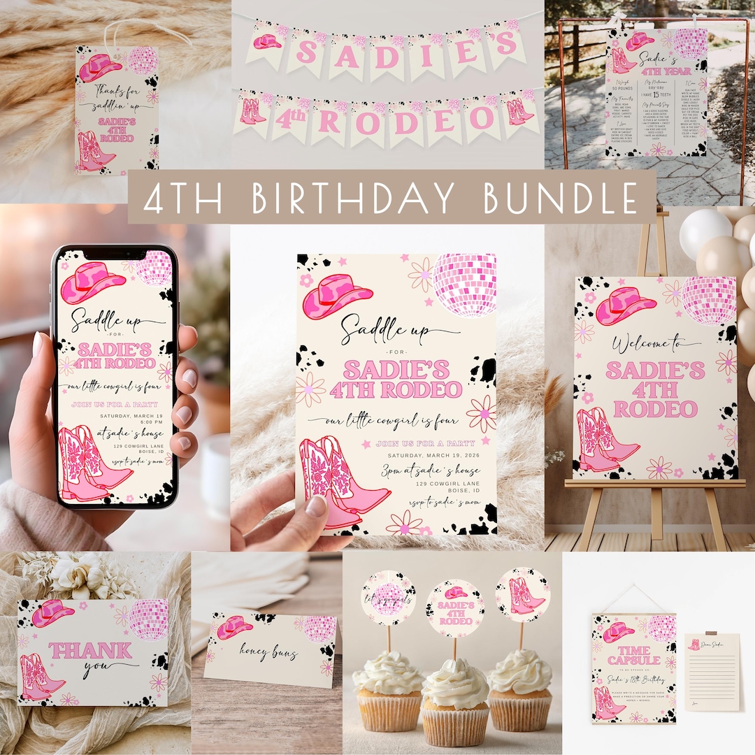 Girl 4th Rodeo Birthday Bundle Editable Template Set | Disco Cowgirl ...