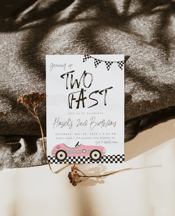 Two Fast Girl Birthday Invitation Template | Editable Pink Race Car 2nd Birthday Invite | Growing Up Two Fast Second Bday Invite S469