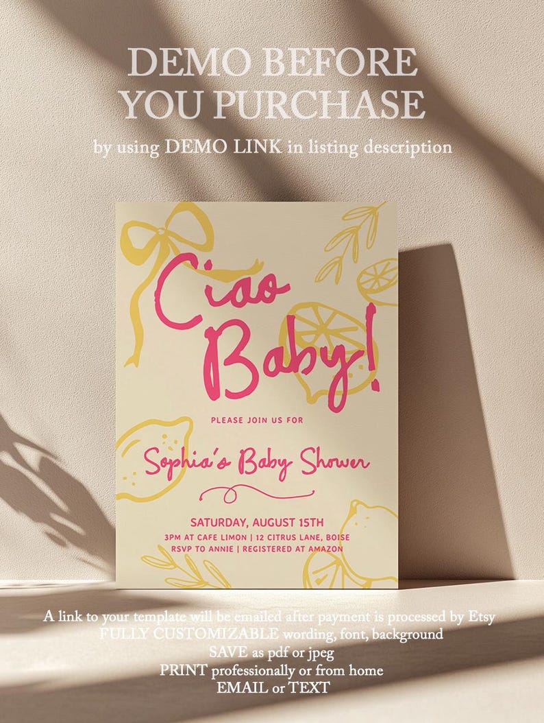 Ciao, Baby Babypartyeinladungsvorlage - Bearbeitbare Hand gezeichnete Zitrone Invite S905 Bild 6