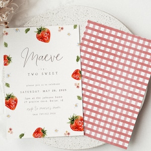 TWO Sweet Strawberry Birthday Invitation | Berry Second Birthday Invite Template | Editable Strawberry 2nd Birthday S480