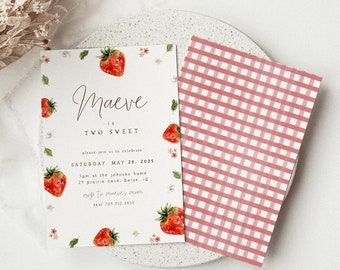 TWO Sweet Strawberry Birthday Invitation | Berry Second Birthday Invite Template | Editable Strawberry 2nd Birthday S480