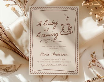 DIY A Baby is Brewing Invitation - Editable Template | Gender Neutral Coffee Baby Shower Invite | Baby Shower Tea Party S909