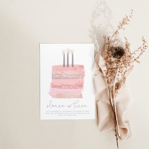 Girl 3rd Birthday Invitation Editable Template | Pink Birthday Cake Three Candles Bday Invite S409