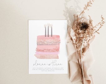 Mädchen zum 3. Geburtstag Einladung bearbeitbare Vorlage | Rosa Geburtstagstorte Drei Kerzen Bday Invite S409