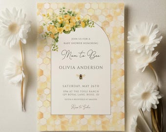 Mom to Bee Baby Shower Invitation Template | Editable DIY Bumble Bee Baby Baby Shower Invite | Bay-bee Honeycomb Shower Invite S798