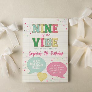 Modelo de convite editável Nine is a Vibe | Convite para festa de 9 anos de menina com letras de patch preppy DIY S729