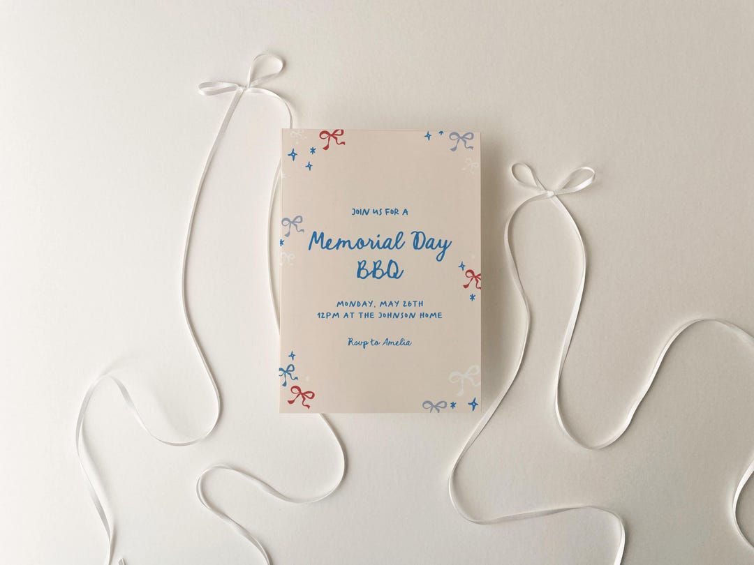 Memorial Day BBQ Invitation Template | Editable Red White and Blue Bows ...