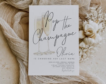 Pop the Champagne Bridal Shower Invitation | She's Changing her Last Name Editable Template Invite | Brunch & Bubbly Engagement Party