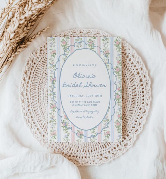 Vintage Bridal Shower Invitation - Editable Template | DIY Pink and Blue Floral Grandmillenial Wedding Shower Invite S847