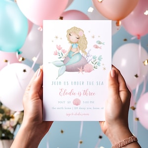 Mermaid Birthday Invitation Editable Template | Under the Sea Blonde Mermaid Invite Girl Bday Pool Party S250