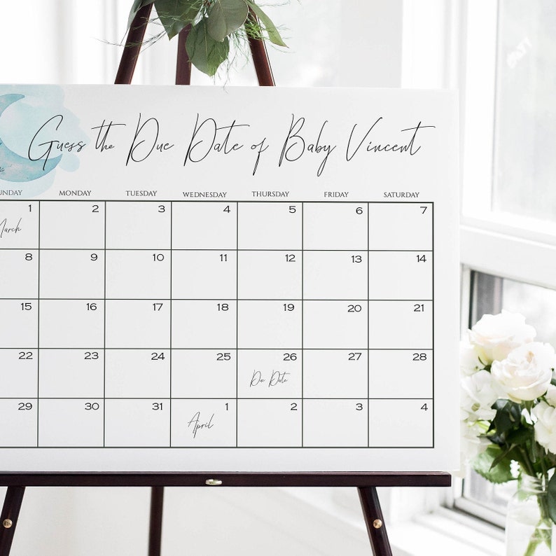 S121 Guess Baby/'s Due Date Calendar Baby Shower Sign Editable Template Instant Download Boy Over the Moon Baby Shower Game