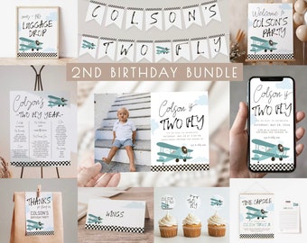 Paquete de decoración para el segundo cumpleaños con temática de aviones / Plantillas editables para invitaciones y decoración de aviones "Two Fly" / Paquete de decoración para el segundo cumpleaños de niño "Boy Time Flies" S547
