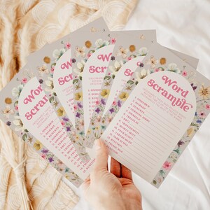 Szablon gry Baby in Bloom Word Scramble | Edytowalna gra Little Wildflower is On The Way Girl Baby Shower S717