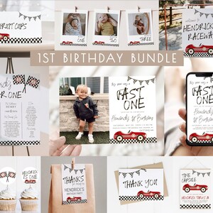 Fast ONE Birthday Bundle Editable Template Package | Red Race Car 1st Birthday | Boy One Speedy Year First Birthday Decor Set S439