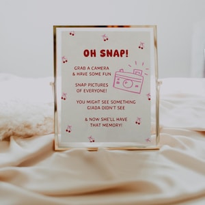 May include: A framed sign with the words "OH SNAP!" in red, along with instructions to take pictures. The sign has a gold frame and is decorated with cherry illustrations and a camera graphic.