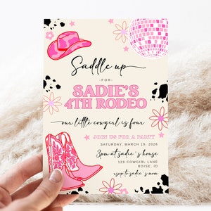 Cowgirl 4th Birthday Invitation Template | Editable Our Little Cowgirl is Four | Hot Pink 4th Disco Rodeo Western Bday Invite S536