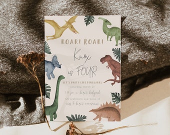 Dinosaur 4th Birthday Invitation Template | Editable Stomp Chomp Roar Roar I'm Four Boy Birthday Party Invite | Muted Dino Fourth Bday S230