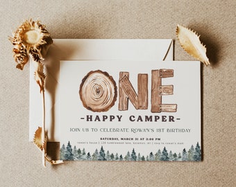 Plantilla de invitación de cumpleaños "One Happy Camper" / Invitación editable de primer cumpleaños con árboles rústicos del bosque / ONE Primer cumpleaños S391