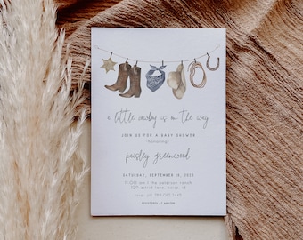 Cowboy Baby Shower Invitation Template | Editable Wild West Boy Baby Sprinkle Printable Invite | A Little Cowboy is on the Way Western S227
