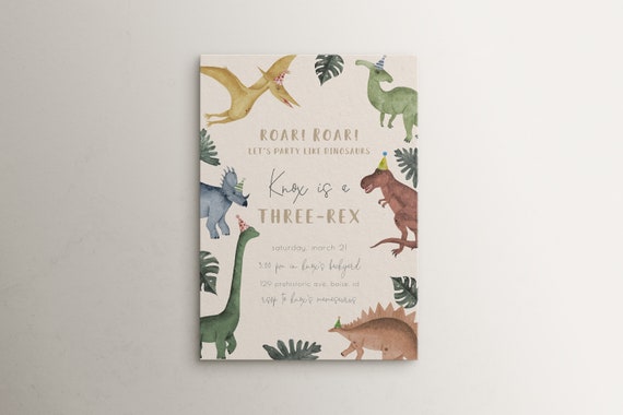 Dinosaur 3rd Birthday Invitation - Editable Three Rex Invite Template - Roar Boy Muted Dino Birthday Party S599