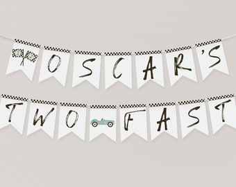 Sjabloon voor spandoek TWEE snel | Bewerkbare raceauto 2e verjaardag Afdrukbaar wimpelbord Growing Up Two Fast Bday Decor S437