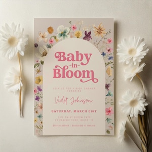 Sjabloon babyshower baby in bloei | Bewerkbaar A Little Wildflower is On The Way meisje babyshower uitnodiging S717