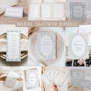 May include: A collection of bridal shower stationery with a floral and gingham design. The set includes invitations, menus, thank you cards, and signs. The color scheme is soft blue, green, and white, with a vintage aesthetic. The text "Bridal Shower Bundle" is displayed.